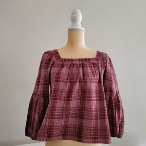 A.N.A Plaid square-neck blouse petite medium / purple, brown